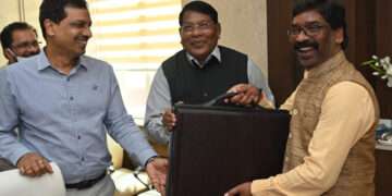 Jharkhand Finance Minister Rameshwar Oraon with Chief Minister Hemant Soren