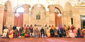 The Indian Tribal, The President of India, Shri Ram Nath Kovind with recipients of Nari Shakti Puraskar-(2020-2021) on the occasion of International Women's Day at Rashtrapati Bhavan on March 8, 2022.