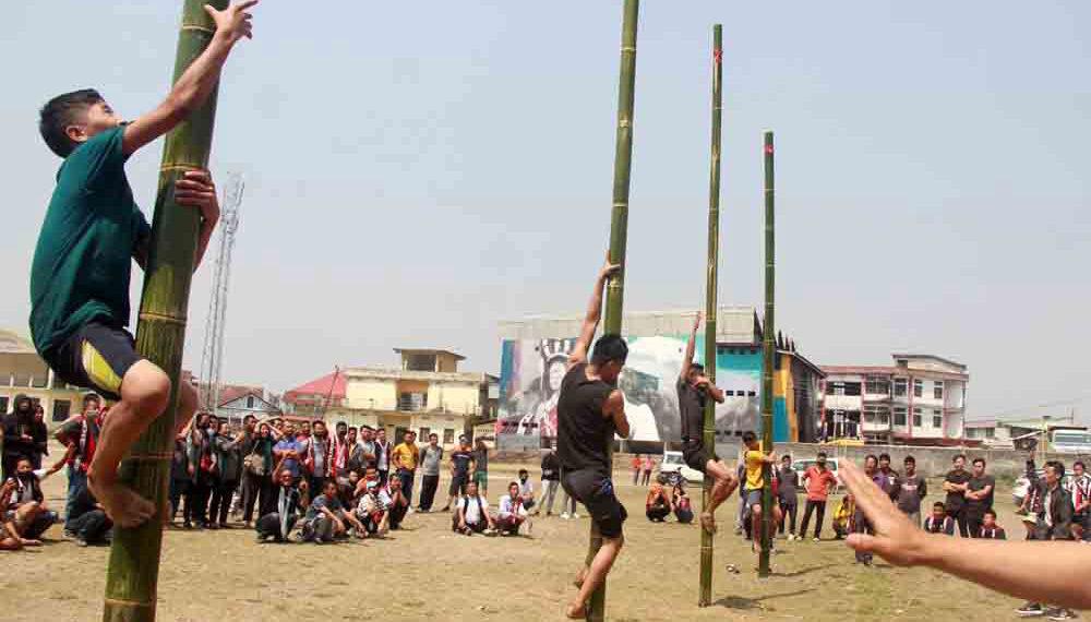 Nagaland Tribal Game | Participants at a greased pole climbing event