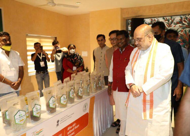 Union Ministers Amit Shah, Arjun Munda and Kiren Rijiju at the exhibition during the launch of NTRI