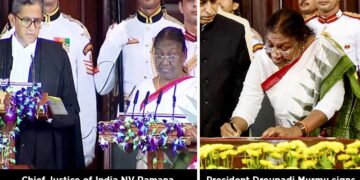 New President Droupadi Murmu signs a register after taking oath
