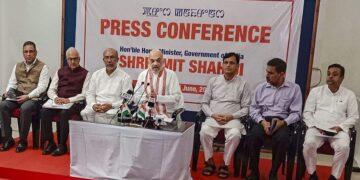 Union Home Minister Amit Shah with Manipur Chief Minister N. Biren and others addresses a press conference, in Imphal, Manipur, Thursday, June 1, 2023