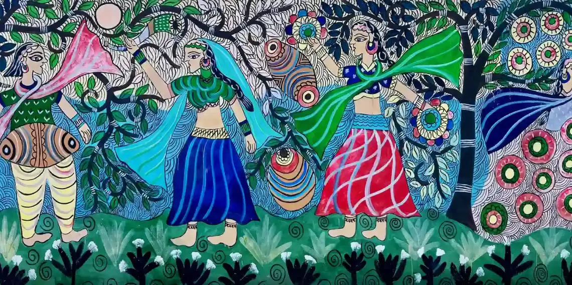The Indian Tribal | A painting in Orchha shows a woman draped in a blue skirt and a procession with dhols. It denotes that human beings should be connected to love, life and nature