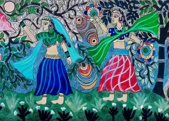 The Indian Tribal | A painting in Orchha shows a woman draped in a blue skirt and a procession with dhols. It denotes that human beings should be connected to love, life and nature