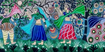 The Indian Tribal | A painting in Orchha shows a woman draped in a blue skirt and a procession with dhols. It denotes that human beings should be connected to love, life and nature