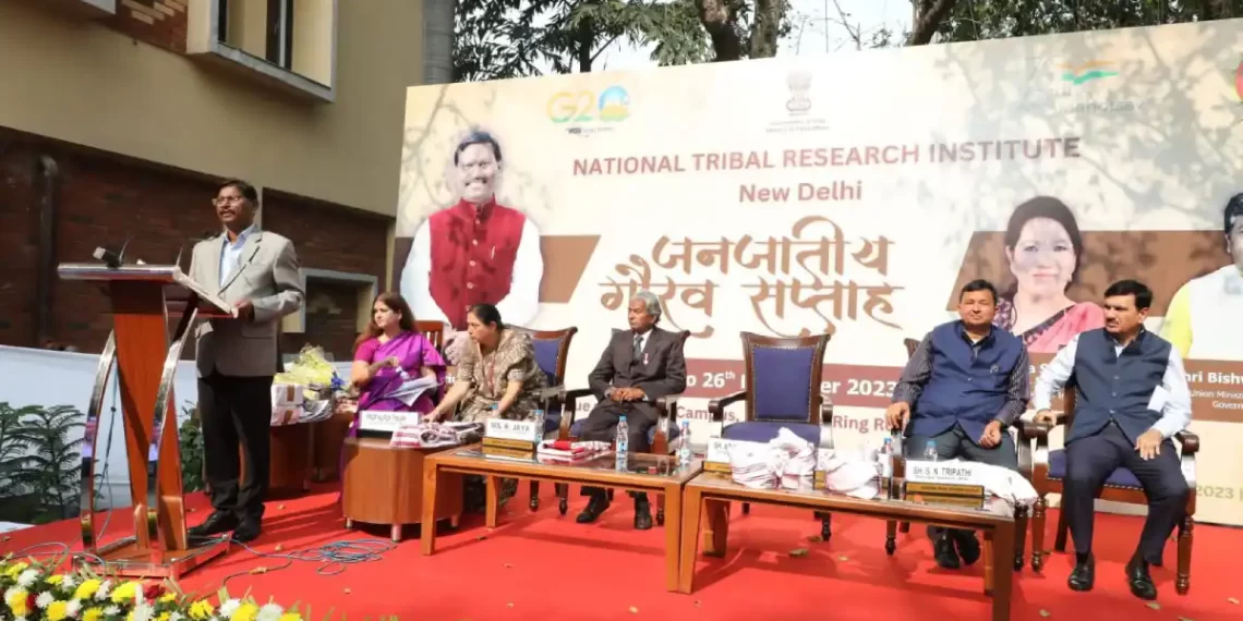 Union Minister of Tribal Affairs Arjun Munda addressing the Adi-Vyakhyan programme at The National Tribal Research Institute (NTRI), Delhi